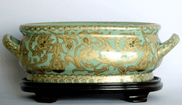 Style 591 - Celadon Green and Gold Arabesque - Luxury Handmade Chinese Reproduction Porcelain - 12 Inch Foot Bath | Planter | Centerpiece Style 591
