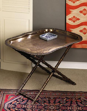 Indian Brass Tray and Iron Bamboo Stand, 30 inches Long & 22 inches Tall- Antiqued Brass Finish