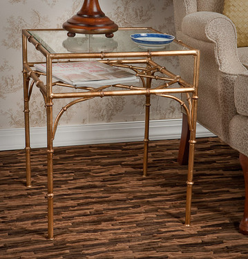 Iron Bamboo - Accent Side | End | Lamp Table with Beveled Glass Top - 22 Inch Square Shape - Antiqued Gold Finish