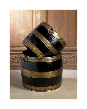 Horizontal Stripe, Indian Brass Container Set, 14 Inch Planter, Ebony Black Antique Brass Finish