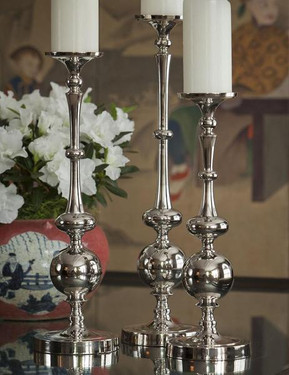 Contemporary Ovals & Orb, Indian Aluminum Pillar Candle Holder Pair, 15.5 Inch Classic Candlestick, Nickel Finish