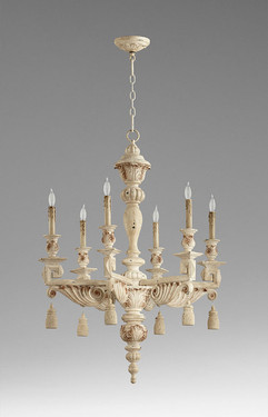 A French Contemporary Style - Greek Key, Acanthus, and Tassel - Wooden Six Light, 37.5L X 28 Round Chandelier - Shabby Chic Distressed White Finish