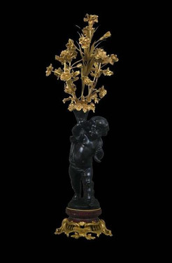 European Reproduction Gilt Bronze Ormolu and Natural Stone, 39.30 Inch Putto Candelabra Pair, 24K Gold & Polychrome Finish, 4022