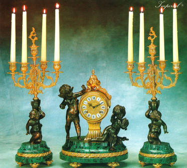 Antique Style French Louis Garniture, Verde Delle Alpi Italian Marble and Brass Ormolu Mantel, Table Clock, 22.04" Five Light Candelabra Set, French Gold Gilt, Handmade Reproduction of a 17th, 18th Century Dore Bronze Antique, 4010