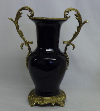 Onyx Black Decorator Solid with D'or Brass Ormolu - Luxury Handmade Chinese Porcelain - Statement 14.5 Inch Tabletop | Mantel Vase - Style B051