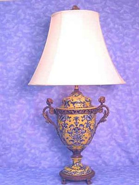 Yellow and Blue Pattern - Luxury Hand Painted Porcelain and Gilt Bronze Ormolu - 35 Inch Tabletop Lamp