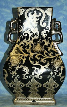 Ebony Black and Gold Lotus Scroll - Luxury Handmade Reproduction Chinese Porcelain - 14 Inch Rectangular Vase | Jardiniere Style b23