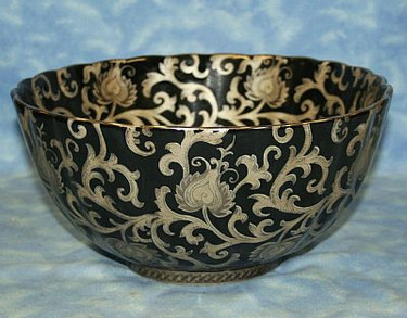 Ebony Black and Gold Lotus Scroll - Luxury Handmade Reproduction Chinese Porcelain - 12 Inch Scalloped Edge Centerpiece Bowl Style d78