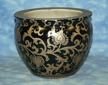 Ebony Black and Gold Lotus Scroll - Luxury Handmade Reproduction Chinese Porcelain - 10 Inch Fish Bowl | Fishbowl | Planter Style 35