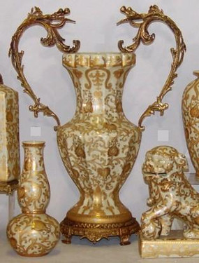 Ivory and Gold Lotus Scroll Arabesque with Gilded Brass Ormolu - Luxury Handmade Reproduction Chinese Porcelain - Statement 26 Inch Vase - Style A469