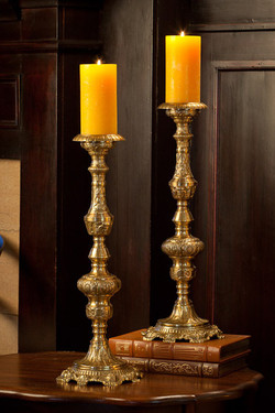 Grand Baroque, Indian Brass Pillar Candle Holder Pair, 20 Inch Classic Candlestick, Antique Brass Finish