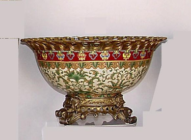 Chinese Red and Fern Green - Luxury Handmade Reproduction Chinese Porcelain and Gilt Brass Ormolu - 14.5 Inch Decorative Display Bowl | Centerpiece Style F78