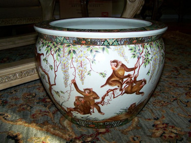 Merry Monkeys - Luxury Handmade Reproduction Chinese Porcelain - 18 Inch Fish Bowl | Fishbowl Planter | Side Table Base Style 35