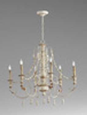 French Country Style - Wrought Iron and Wood Six Light Chandelier - Distressed French White Finish