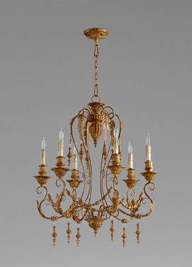 French Country Style - Wrought Iron and Wood Six Light Chandelier - French Gold Finish