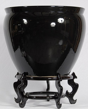 Ebony Black Decorator Solid - Luxury Handmade Chinese Porcelain - 12 Inch Fish Bowl | Fishbowl | Planter - Style 35