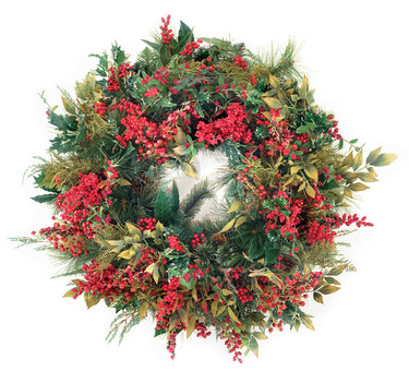 High End Natural Look, 31 Inch Holiday Wreath, Mixed Berry and Pine
