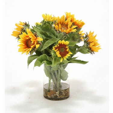High End Natural Look, 19 Inch Silk Flower Arrangement, Sunflowers, Clear Glass Vase with Acrylic Water