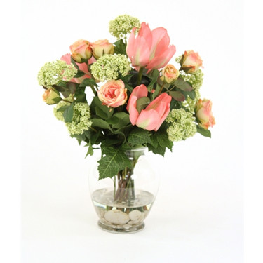 High End Natural Look, 16 Inch Silk Flower Arrangement, Tulips, Antique Roses, and Snowballs, Clear Glass Vase with Acrylic Water