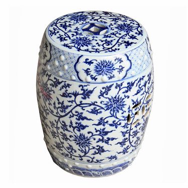 A Finely Finished Ceramic Garden Stool, 17 Inch, Blue and White Lotus Flower Pattern