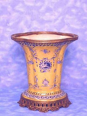 Yellow and Blue Oval Emblem Pattern - Luxury Hand Painted Porcelain and Gilt Bronze Ormolu - 10 Inch Vase Style 387m