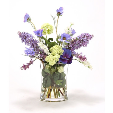 High End Natural Look, 21 Inch Silk Flower Arrangement, Spring Meadow Mix , Clear Glass Vase with Acrylic Water