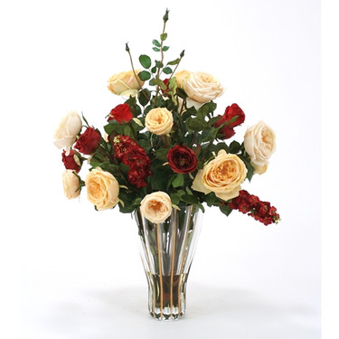 High End Natural Look, 33 Inch Silk Flower Arrangement, Red and Champagne Roses , Clear Glass Vase with Acrylic Water