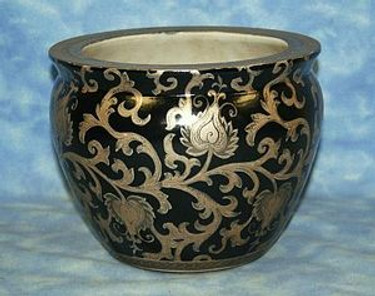 Black and Silver Scroll - Luxury Hand Painted Porcelain - 8 Inch Fish Bowl | Fishbowl Planter