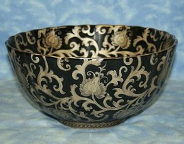 Black and Silver Scroll - Luxury Hand Painted Porcelain - 12 Inch Scalloped Edge Bowl | Centerpiece