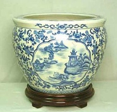 Blue and White Pagoda - Luxury Handmade Reproduction Chinese Porcelain - 12 Inch Fish Bowl | Fishbowl | Planter Style 35