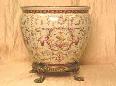 Crane in Flight Pattern, Luxury Hand Painted Porcelain and Gilt Bronze Ormolu, 14 Inch Fish Bowl | Fishbowl Planter