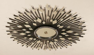 Iron Sunburst - Diamond Shaped Beveled Glass Round 50 Inch Ceiling Mirror - Ebony Black Finish with Gold Accents