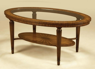 Mahogany Hardwood and Marquetry - 48 Inch Oval Tiered Cocktail | Coffee Table - Inset Beveled Glass Top