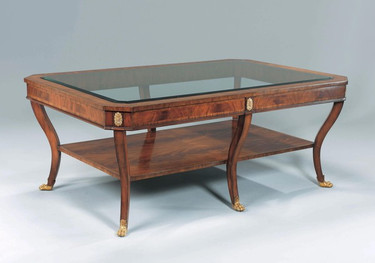 Neo Classical Mahogany Hardwood and Inset Cut Corner Beveled Glass Top - 59 Inch Rectangular Tiered Cocktail | Coffee Table - Mahogany Finish with Brass Accents