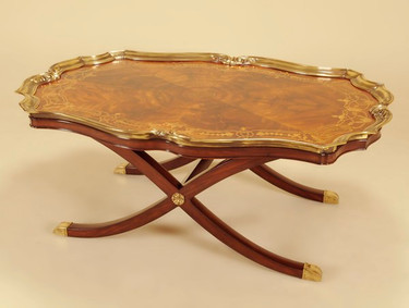 Tray Style Hardwood and Marquetry - 54 Inch Cocktail | Coffee Table - Mahogany Finish with Brass Gallery and Accents