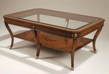 Neo Classical Mahogany Hardwood and Inset Cut Corner Beveled Glass Top - 59 Inch Rectangular Tiered Cocktail | Coffee Table - Rich Burl Wood Finish