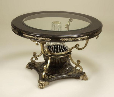 Hand Carved Hardwood and Inset Beveled Glass - 50 Inch Round Crystal Pedestal Entry Foyer | Center Table - Softened Black Finish with Paw Feet