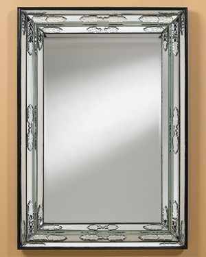 Venetian Style - Rectangular 55 Inch Etched and Beveled Glass Mirror - Jet Black Lacquer Finish