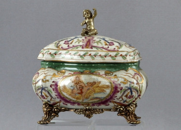 Heavenly Putti Pattern - Luxury Hand Painted Porcelain and Gilt Bronze Ormolu - 7 Inch Round Covered Decorative Box