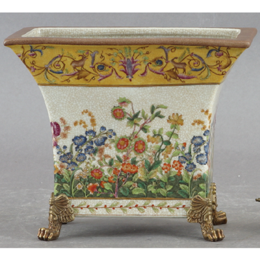 Spring Gardens Pattern, Luxury Hand Painted Porcelain and Gilt Bronze Ormolu, 9 Inch Rectangular Planter