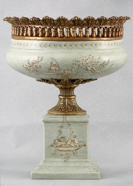 Celadon Toile Pattern, Luxury Hand Painted Porcelain and Gilt Bronze Ormolu, 14 Inch Pedestal Half Vase