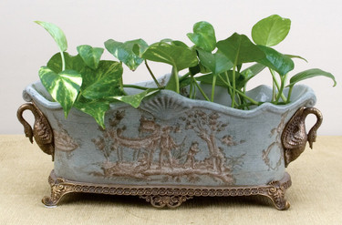 2022: Celadon Toile - Luxury Hand Painted Porcelain and Parcel Gilt Bronze Ormolu, 16 Inch Rectangular Planter | 2828