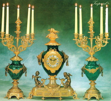 339 Antique Style French Louis Gilt Brass Ormolu Garniture, Verde Delle Alpi Marble Mantel, Table Clock And Six Light Candelabra Set, French Gold Finish, Handmade Reproduction of a 17th, 18th Century Dore Bronze Antique