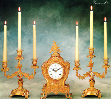 Antique Style French Louis Garniture, Brass Ormolu Mantel, Table Clock And 11.02" Three Light Candelabra Set, French Gold Gilt Patina, Handmade Reproduction of a 17th, 18th Century Dore Bronze Antique, 2599