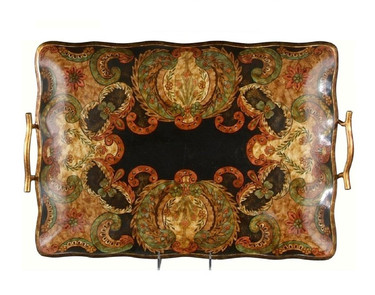 Luxe Life - Hand Painted, Decorative Wood Tray, Modern Paisley, Black Crackle Finish, Undulated Shape 24L X 16W