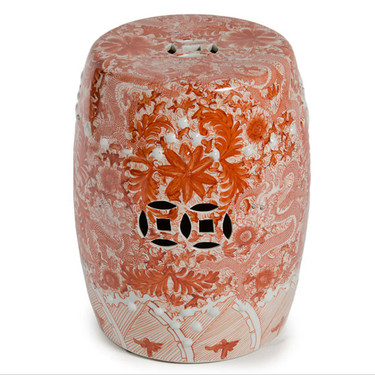 Finely Finished Ceramic Garden Stool, 17 Inch, Orange and White Dragon Design