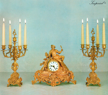 Antique Style French Louis Garniture, Gilt Brass Ormolu Mantel, Table Clock and 19.29" Five Light Candelabra Set, French Gold Finish, Handmade Reproduction of a 17th, 18th Century Dore Bronze Antique, 2519