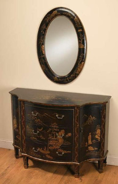 Hand Painted - 59 Inch Accent Demilune Entry Table, Mirror - Chinoiserie Design