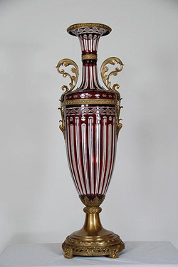 Hand Cut Jewel Red Bohemian Czech Crystal - 49.5 Inch Oversized Vase - Guilded Bronze Mounts