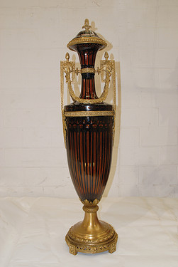 Hand Made Black & Gold Finely Finished Glass - 55 Inch Palace Covered Urn - Cast Brass Burnished Gilt Finish